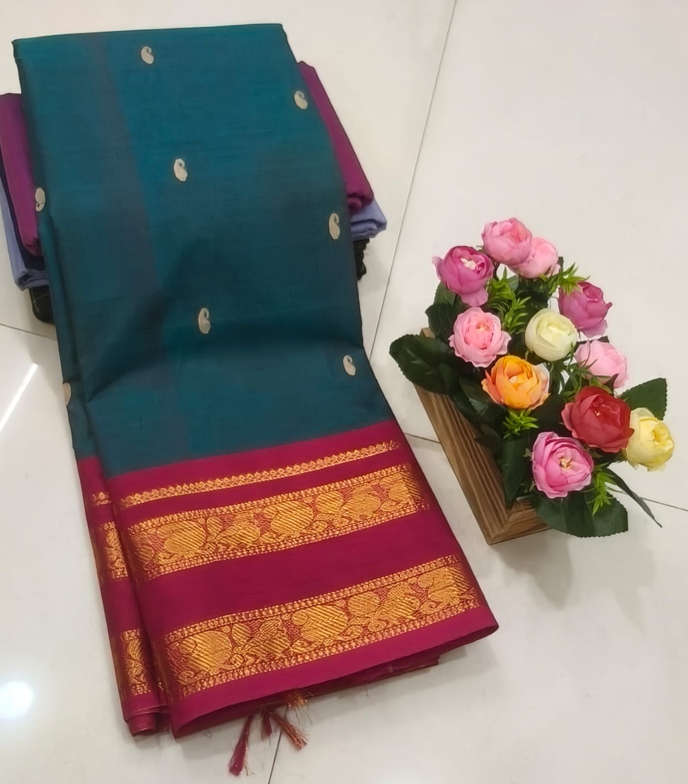 Teal Blue Handmade Butta Kanchi Cotton Saree with Magenta Border